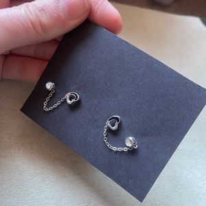 Connected silver chain metal stud heart earrings for double holes